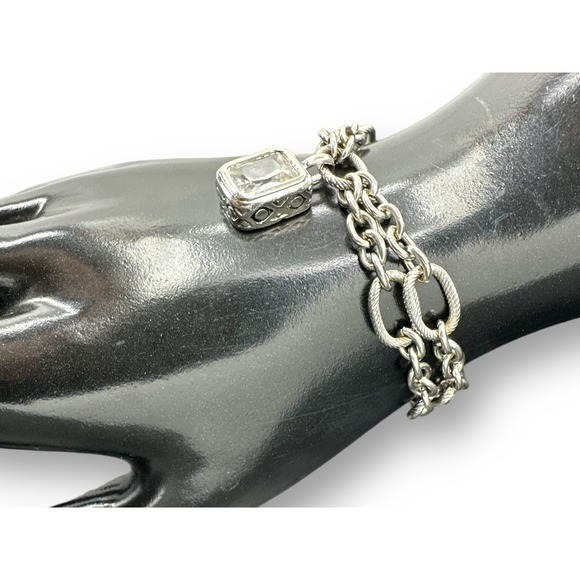 Dangle CZ Double Chain Bracelet Silver Tone Toggle Clasps - Picture 3 of 6